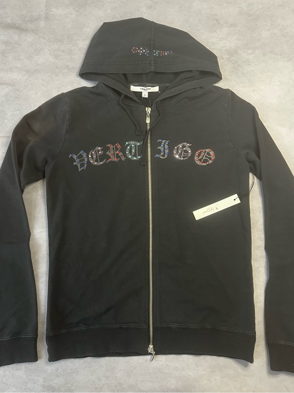 NWT Y2K Vertigo Paris black zip up hoodie with rhinestone logo, size S